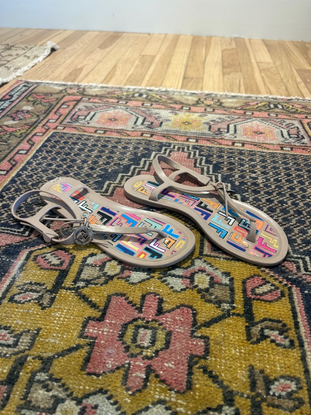 Fendi Pink Leather Slingback Sandals with Multicolor Logo Inlay